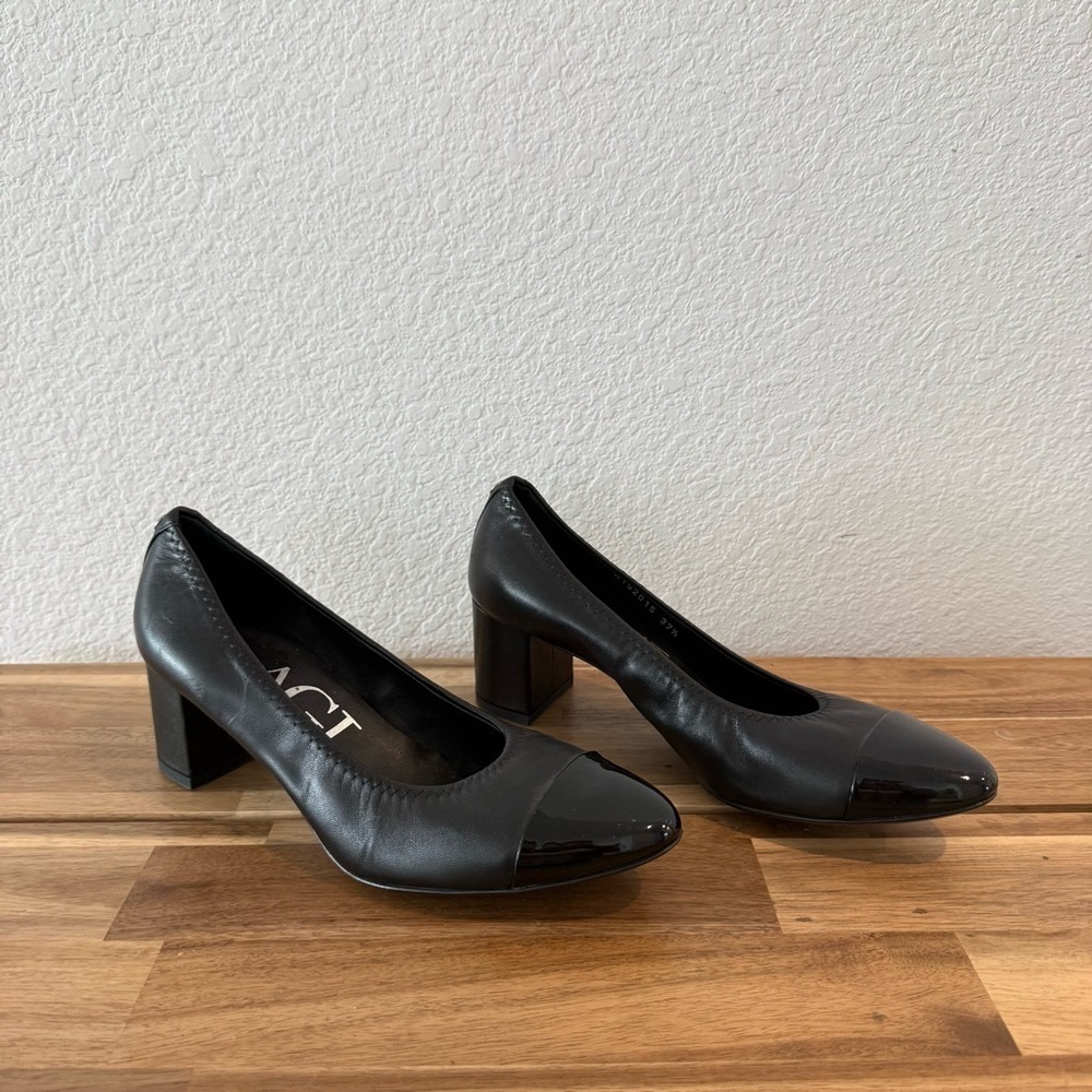 AGL- Black Leather Cap Toe Block Heels - Size 7.5